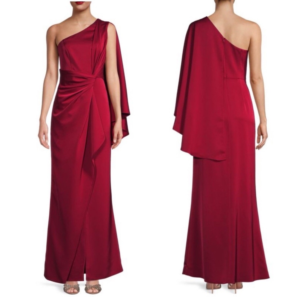 Aidan Mattox one shoulder Gown draped cape dress faux wrap twist satin slit